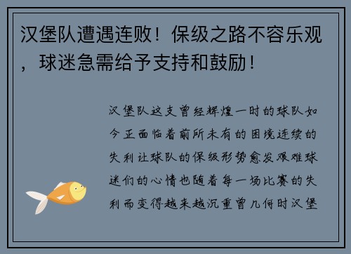 汉堡队遭遇连败！保级之路不容乐观，球迷急需给予支持和鼓励！