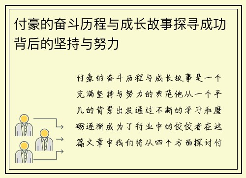 付豪的奋斗历程与成长故事探寻成功背后的坚持与努力